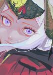  1girl absurdres cape close-up closed_mouth collared_cape commentary_request double_bun dress edelgard_von_hresvelg edelgard_von_hresvelg_(timeskip) fake_horns fire_emblem fire_emblem:_three_houses hair_bun hair_up head_tilt headpiece high_collar highres horns looking_at_viewer looking_to_the_side out_of_frame purple_eyes red_cape red_dress shade solo tappuri_herushii upper_body white_hair 