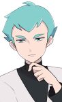  1boy archer_(pokemon) black_shirt closed_mouth green_eyes green_hair hand_up highres jacket male_focus nakikot_t pokemon pokemon_hgss shirt short_hair simple_background solo upper_body white_background white_jacket 