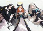  3girls absurdres animal_ear_headwear animal_ears black_coat black_dress black_hair black_thighhighs black_veil blue_archive blue_eyes blue_neckerchief blush cat_ears cat_girl closed_mouth coat collar crossed_bangs dress grey_hair hair_between_eyes hair_over_one_eye highres hinata_(blue_archive) jianjia long_hair looking_at_another looking_at_viewer lying mari_(blue_archive) multiple_girls neckerchief nun on_back on_side open_mouth orange_hair purple_eyes red_eyes sakurako_(blue_archive) sidelocks sisterhood_(blue_archive) smile thighhighs veil white_collar white_dress white_thighhighs 