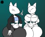 aliasing andromorph anthro artist_logo artist_name big_breasts bottomwear breasts busty_boy_(lore) canid canine canis cigarette cigarette_in_mouth clothing crop_top curvy_figure digital_media_(artwork) domestic_dog duo ear_piercing ear_ring ernest_(ezee) featureless_hands femboy fur gradient_background hand_on_hip hand_on_leg hand_on_thigh intersex jacket logo male mammal midriff navel object_in_mouth pants piercing ring_piercing shirt signature simple_background small_waist terraferma_(thatdawgmurray) text thatdawgmurray thick_thighs thong_straps topwear white_body white_fur wide_hips