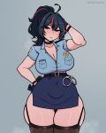  1girl absurdres ahoge arm_behind_head arm_up artist_name badge belt belt_buckle black_belt black_choker black_gloves black_hair black_panties black_thighhighs blue_shirt blue_skirt blush breast_pocket breasts breath buckle buttons choker cleavage collarbone commentary cowboy_shot crossed_bangs cuffs curvy double-parted_bangs english_commentary garter_belt gloves grey_background hair_between_eyes handcuffs highres large_breasts looking_at_viewer microskirt multicolored_hair narrow_waist panties parted_lips pocket police police_badge police_uniform policewoman ponytail red_eyes red_streaks saltdrawyou shirt short_hair short_sleeves side_slit simple_background skindentation skirt smile solo straight-on streaked_hair thick_thighs thighhighs thighs underwear wristband zenless_zone_zero zhu_yuan 