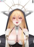  1girl absurdres artist_name azur_lane bare_shoulders blackwellkarsferatu blonde_hair breasts fake_horns fangs highres horns implacable_(azur_lane) large_breasts long_bangs looking_at_viewer nun open_mouth orange_eyes simple_background solo tongue tongue_out upper_body white_background 