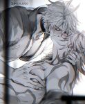  2boys antenna_hair arm_tattoo black_choker blush chest_tattoo choker closed_eyes collarbone commentary earrings from_side greyscale hair_between_eyes hand_on_another&#039;s_neck honkai:_star_rail honkai_(series) jewelry kiss male_focus monochrome multiple_boys mydei_(honkai:_star_rail) np_(1231_0720) pectoral_cleavage pectoral_grab pectorals phainon_(honkai:_star_rail) shirt short_hair tattoo topless_male twitter_username white_hair yaoi 
