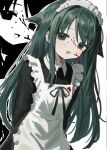  1girl absurdres apron arms_behind_back black_ribbon black_shirt blood blood_on_clothes blood_on_face chromasen collared_shirt green_eyes green_hair hair_flaps highres leaning_forward long_hair maid maid_apron maid_headdress monochrome_background open_mouth ribbon saya_(saya_no_uta) saya_no_uta shirt sidelocks smile 