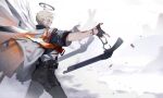  1boy angel_wings arknights black_gloves black_pants blood blood_on_clothes blood_on_face blood_on_hands cowboy_shot executor_(arknights) fingerless_gloves gloves gun halo holding holding_weapon jacket male_focus mechanical_halo mtk_(souko) pants shirt short_hair shotgun solo weapon white_hair wings 