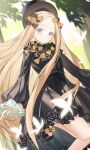  1girl abigail_williams_(fate) absurdres black_bow black_dress black_hat blonde_hair blue_eyes blush bow breasts bug butterfly dress fate/grand_order fate_(series) forehead hair_bow hat highres long_hair long_sleeves looking_at_viewer miyu10366 orange_bow parted_bangs ribbed_dress sleeves_past_fingers sleeves_past_wrists small_breasts solo 