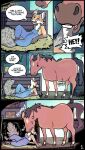 absurd_res anthro ash_(ashtailfox) beady_eyes biped bite black_eyes black_hair black_nose black_tail brown_body brown_nose canid canine chewing clothing colbycat comic duo ear_bite english_text equid equine feral fox fur grey_tail hair hay head_in_mouth hi_res horse hungry male mammal oral_vore orange_body orange_fur overalls overalls_only pitchfork quadruped rumbling_stomach tail text tools vore warning_sign white_body white_chest white_fur