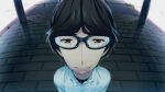  1boy black_hair black_shirt brick_floor camera_pov chuo_tanegashima_high_school_uniform closed_mouth collared_shirt day fukuda_tomonori game_cg glasses hidaka_subaru highres looking_at_viewer official_art open_collar outdoors pov robotics;notes school_uniform shirt shirt_under_shirt short_hair short_sleeves solo t-shirt tagme white_shirt 