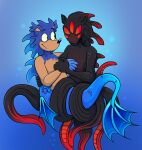 2025 4_fingers 5_eyes 5_fingers anthro arm_around_partner arm_around_waist beastofeuthanasia black_body black_skin blue_body blue_claws blue_eyebrows blue_nose blue_scales blue_skin blue_tail bubble claws colored digital_drawing_(artwork) digital_media_(artwork) duo english_description eulipotyphlan eye_contact eyebrows fangs fin finger_claws fingers green_eyes hand_holding hedgehog hi_res hybrid light lighting looking_at_another male male/male mammal marine markings merfolk mouthless multi_eye multicolored_body noseless nude_anthro nude_male octopus_merfolk red_markings red_sclera romantic romantic_couple scales sega shaded shadow_the_hedgehog sonic_the_hedgehog sonic_the_hedgehog_(series) split_form tail tail_fin tan_body tan_inner_ear tan_skin teeth tentacles underwater water yellow_sclera