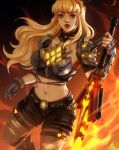  1girl armor black_gloves blonde_hair blue_eyes breasts cleavage cleavage_cutout clothing_cutout commentary crop_top english_commentary fire gloves highres holding holding_sword holding_weapon huge_weapon inksilvery long_hair looking_at_viewer magik_(x-men) marvel marvel_rivals midriff navel short_shorts shorts solo sword weapon x-men 