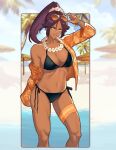  1girl bare_shoulders bikini bleach breasts dark-skinned_female dark_skin eyewear_on_head long_hair meziosaur parted_bangs ponytail purple_hair shihouin_yoruichi smile solo swimsuit tan toned toned_female yellow_eyes 