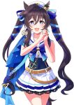  1girl absurdres belt beret collarbone covered_navel earrings fingernails hair_between_eyes hair_ornament hat highres jewelry long_hair looking_at_viewer mole mole_under_eye own_hands_together purple_eyes single_earring solo tawashi_hechima thighs twintails umamusume vivlos_(umamusume) white_background 