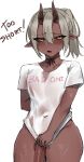  1boy arm_behind_back bare_arms black_sclera blush bottomless clothes_writing collarbone colored_sclera colored_skin commentary commission covered_navel english_commentary english_text eyes_visible_through_hair grey_hair hair_between_eyes hair_between_horns highres horns looking_at_viewer male_focus mole mole_under_eye neck_ribbon oni orange_eyes original penis pointy_ears ponytail red_ribbon red_skin ribbon shirt shirt_tug short_sleeves simple_background solo t-shirt testicles thick_thighs thighs trap uncensored white_background wide_hips xcider 