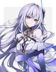  1girl bare_shoulders breasts cleavage genshin_impact hair_ornament highres long_hair looking_at_viewer red_eyes skirk_(genshin_impact) solo white_background white_hair yanagida_shiina 