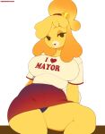 2024 animal_crossing anthro artist_name big_breasts black_clothing black_panties black_underwear bottomwear breasts canid canine canis cherrikissu clothed clothing domestic_dog english_text eyebrows eyelashes female hair hi_res isabelle_(animal_crossing) mammal miniskirt nintendo panties panty_peek panty_shot partially_visible_underwear red_bottomwear red_clothing red_skirt shih_tzu shirt simple_background sitting skirt solo t-shirt tail text thick_thighs topwear toy_dog underwear upskirt white_background white_clothing white_shirt white_t-shirt white_topwear wide_hips yellow_body