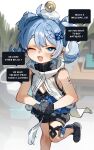  1girl :3 bare_arms black_gloves blue_eyes blue_hair breasts english_text fang gloves highres kani_fish male_rover_(wuthering_waves) one_eye_closed open_mouth rover_(wuthering_waves) small_breasts solo speech_bubble twintails wuthering_waves youhu_(wuthering_waves) 