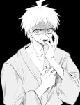  1boy ahoge black_background collarbone constricted_pupils danganronpa_(series) danganronpa_2:_goodbye_despair greyscale hand_on_own_chest hand_on_own_face highres hinata_hajime japanese_clothes kimono male_focus monochrome nervous_sweating open_mouth shaded_face short_hair simple_background solo surprised sweat turn_pale upper_body yeol-ya_(yeolya_51) 