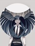  1other belt black_necktie black_shorts black_suit blue_eyes blue_hair collared_shirt colored_skin floating_hair gem_uniform_(houseki_no_kuni) grey_eyes highres houseki_no_kuni jacket lapis_lazuli_(houseki_no_kuni) long_hair looking_at_viewer mt5_014 necktie other_focus puffy_short_sleeves puffy_sleeves shirt short_shorts short_sleeves shorts simple_background smile solo suit suit_jacket very_long_hair white_jacket white_skin 