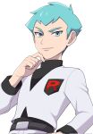  1boy archer_(pokemon) belt belt_buckle black_shirt buckle closed_mouth green_eyes green_hair hand_up highres jacket logo looking_down male_focus nakikot_t pants pokemon pokemon_hgss shirt short_hair simple_background smile solo team_rocket team_rocket_uniform white_background white_jacket white_pants 