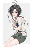 1girl absurdres aburi-gatana antenna_hair black_hair blue_camisole blush border camisole embarrassed green_shorts grey_background hand_cursor highres hood hooded_jacket idolmaster idolmaster_(classic) invisible_chair jacket kikuchi_makoto outside_border parted_lips purple_eyes short_hair shorts single_bare_shoulder sitting solo spaghetti_strap teeth translated white_border white_jacket 