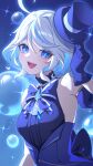  1girl ahoge alternate_costume blue_bow blue_bowtie blue_eyes blue_gloves blue_hair blue_hat bow bowtie breasts brooch drop-shaped_pupils furina_(genshin_impact) genshin_impact gloves hat heterochromia highres jewelry looking_at_viewer mini_hat mini_top_hat multicolored_hair open_mouth small_breasts so_zei_tama_tama solo streaked_hair symbol-shaped_pupils top_hat two-tone_hair upper_body white_hair 