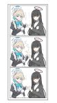  2girls apron black_dress black_hair black_jacket blonde_hair blue_archive blue_bow blue_eyes bow closed_mouth dress hair_behind_ear hair_bun hair_ornament hairclip heart heart_hands heart_hands_duo heart_hands_failure jacket long_hair looking_at_another maid maid_apron maid_headdress microphone multiple_girls nyaru_(nyaru_4126) red_eyes rio_(blue_archive) shirt slapping smile thumbs_up toki_(blue_archive) turtleneck turtleneck_shirt white_apron white_shirt 