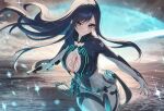  1girl black_bodysuit black_hair black_nails blue_eyes bodysuit breasts cleavage_cutout closed_mouth clothing_cutout commentary_request floating_hair goddess_of_victory:_nikke highres holding holding_sword holding_weapon large_breasts long_hair looking_at_viewer raven_(stellar_blade) raven_suit_(stellar_blade) shift_up silver_bodysuit skin_tight solar_(happymonk) solo stellar_blade sword two-tone_bodysuit very_long_hair weapon 