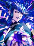  blue_theme bracelet breasts chinese_clothes chromatic_aberration collar drill_hair dudou energy evil_grin evil_smile fingerless_gloves from_below gloves glowing glowing_eye grin hair_horns halftone han_juri heterochromia highres jewelry looking_down makeup medium_breasts mma_gloves motoyui portrait purple_lips smile spiked_bracelet spiked_collar spikes street_fighter street_fighter_6 takai_misa teeth twin_drills underboob upper_body yellow_eyes 