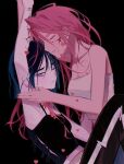  2girls alien_stage arm_up armpits bare_shoulders black_hair black_pants black_tank_top bob_cut breasts cleavage closed_eyes commentary cracked_skin crop_top heart highres long_hair midriff mizi_(alien_stage) multiple_girls one_eye_closed pants pink_hair purple_eyes s301t9 short_hair sua_(alien_stage) sweat tank_top very_long_hair white_tank_top yuri 