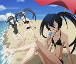  3girls beach belt bikini black_bikini black_hair black_rock_shooter black_rock_shooter_(character) blue_eyes crossed_legs dead_master food front-tie_bikini_top front-tie_top green_eyes green_horns horns ice_cream ice_cream_cone insane_black_rock_shooter long_hair multiple_girls one-piece_swimsuit pink-hudy purple_eyes swimsuit twintails umbrella uneven_twintails 