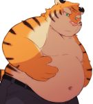  96tning anthro belly bodily_fluids clothed clothing felid fur hand_on_stomach male mammal navel orange_body orange_fur overweight overweight_male pantherine solo striped_body striped_fur stripes sweat sweatdrop tiger topless white_body white_fur 