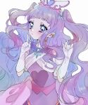  1girl absurdres blue_bow blue_eyes blush bow choppy_bangs closed_mouth commentary cure_majesty dress elbow_gloves ellee-chan eyelashes gloves gold_choker hair_bow hands_up highres hirogaru_sky!_precure index_finger_raised long_hair magical_girl precure prussian_blue purple_dress purple_hair short_bangs simple_background sleeveless sleeveless_dress solo two_side_up upper_body white_background white_gloves 