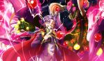  1boy absurdres cape card dragon forehead_jewel green_eyes half-closed_eye highres holding holding_card jacket joeri_(yu-gi-oh!) male_focus purple_eyes purple_hair purple_jacket red_cape sharp_teeth slit_pupils smirk starving_venom_fusion_dragon super_polymerization teeth trading_card upper_body vincent_graphic_art yu-gi-oh! yu-gi-oh!_arc-v 