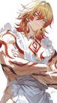  1boy absurdres alternate_costume apron arm_tattoo blonde_hair braid chest_tattoo cowboy_shot crossed_arms earrings facial_tattoo gold_earrings gradient_hair hair_between_eyes highres honkai:_star_rail honkai_(series) jewelry large_pectorals looking_at_viewer male_focus maria_(maria_rose) medium_hair multicolored_hair muscular muscular_male mydei_(honkai:_star_rail) naked_apron pectorals red_hair red_tattoo side_braid signature simple_background solo tattoo v-shaped_eyebrows veins white_apron white_background yellow_eyes 
