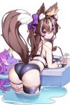  1girl animal_ears ass ass_focus back bikini black_bikini bow bowtie brown_hair crown drink fox_ears fox_girl fox_tail highres horse hot_vr indie_virtual_youtuber inflatable_toy innertube multicolored_hair purple_eyes rima_evenstar rima_evenstar_(rima_2.0) swim_ring swimsuit tail virtual_youtuber water 