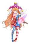  1girl ^_^ alphes_(style) american_flag_dress american_flag_legwear blonde_hair closed_eyes clownpiece commentary_request dairi dress fairy_wings full_body hat highres jester_cap large_variant_set long_hair neck_ruff no_shoes open_mouth pantyhose parody print_dress print_pantyhose short_dress short_sleeves simple_background smile solo standing striped_clothes striped_dress style_parody tachi-e torch touhou transparent_background variant_set very_long_hair wings 
