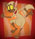 2025 anthro artist_name black_eyes black_nose brown_body brown_ears brown_fur brown_tail bunnicula_(series) chester_(bunnicula) collar digital_media_(artwork) domestic_cat fangs felid feline felis front_view fur gavanzude gesture hand_gesture hi_res looking_at_viewer male mammal multicolored_body multicolored_fur pose raised_leg red_collar sharp_teeth smile solo tail teeth text thumbs_up two_tone_body two_tone_fur whiskers yellow_sclera
