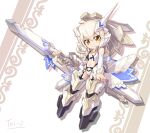  1girl bare_shoulders blonde_hair breasts brown_eyes chibi closed_mouth detached_sleeves full_body hair_between_eyes headgear highres holding holding_sword holding_weapon looking_at_viewer mecha_musume navel original signature small_breasts smile solo sword tei-o weapon white_background white_sleeves yellow_eyes 