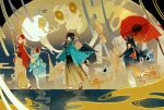  1boy 3girls ^_^ animal_ear_fluff animal_ears asaba_harumasa bangboo_(zenless_zone_zero) black_hair black_kimono blue_oni blunt_bangs c_ixxp closed_eyes fox_ears fox_girl glasses green_kimono hair_between_horns headband highres hoshimi_miyabi japanese_clothes kimono long_hair mask mask_on_head multiple_girls obi oil-paper_umbrella oni pink_eyes pink_hair red_eyes red_kimono red_umbrella sash short_hair soukaku_(zenless_zone_zero) tsukishiro_yanagi umbrella white_hair yellow_eyes yellow_headband zenless_zone_zero 