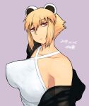  1girl animal_ears araiguma-san bare_shoulders black_sweater blonde_hair breasts collarbone covered_nipples dated hair_between_eyes large_breasts long_sidelocks looking_at_viewer no_bra original purple_background raccoon_ears raccoon_girl red_eyes shirt short_hair sidelocks signature simple_background solo sweater tsukudani_(coke-buta) upper_body very_short_hair white_shirt 