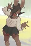 2025 5_fingers anthro bottomwear bovid_horn brown_body brown_fur brown_hair caprine_horn choker clothed clothing corromon devil_horns_(gesture) dipstick_ears ear_markings eyewear female fingers footwear fur gesture hair hair_over_eye hand_gesture hi_res horn jewelry lagomorph legband leporid looking_at_viewer mammal multicolored_ears necklace pleated_skirt ponytail pose rabbit ram_horn scut_tail shoes short_tail simple_background skirt smile solo spikedmauler_(fursona) standing star sweater tail teeth topwear