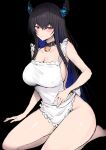  apron bell belt_collar black_background black_hair black_horns blue_hair blush breasts collar collarbone colored_inner_hair highres hololive hololive_english horns jingle_bell large_breasts long_hair looking_at_viewer mole mole_under_eye multicolored_hair naked_apron neck_bell nerissa_ravencroft purple_eyes sakiya_(sak1_01) seiza simple_background sitting two-tone_hair virtual_youtuber white_apron 
