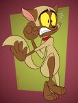 2023 anthro artist_name black_eyes black_nose bodily_fluids brown_body brown_ears brown_fur brown_tail bunnicula_(series) chester_(bunnicula) clenched_teeth collar digital_media_(artwork) domestic_cat felid feline felis fur gavanzude hi_res male mammal multicolored_body multicolored_fur pose raised_leg red_collar scared solo sweat tail teeth text two_tone_body two_tone_fur yellow_sclera