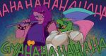 absurd_res anthro armor axe deltarune duo english_text facial_hair female gerson green_body hair hi_res justdessplease laugh long_hair male pink_body pink_hair ponytail reptile scalie sharp_teeth susie_(deltarune) teeth text turtle undertale_(series)