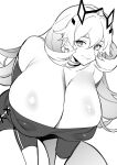  1girl bare_shoulders barghest_(fate) barghest_(like_a_lady)_(fate) blush breasts cleavage covered_nipples cross-laced_clothes earrings fate/grand_order fate_(series) greyscale highres horns huge_breasts jewelry leaning_forward long_hair long_sleeves looking_at_viewer makuro monochrome neck_ring off_shoulder smile solo thighs 