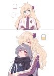  2girls absurdres battery_indicator black_cape black_necktie blonde_hair blue_eyes blush cape closed_eyes closed_mouth commentary_request emptyayya grey_hair highres hug hug_from_behind jacket long_hair multiple_girls necktie no_mouth pink_eyes sky_striker_ace_-_raye sky_striker_ace_-_roze smile white_jacket yu-gi-oh! yuri 