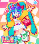  1girl 3d aqua_eyes aqua_hair bag belt blockbench_(medium) bow braid colorful commentary crop_top digital_stars digital_stars_miku digital_stars_miku_(2025) english_commentary english_text eyewear_on_head green_nails green_shoes hair_bow hair_ornament handbag hatsune_miku heart heisei_retro jacket long_hair long_sleeves low_poly midriff navel official_alternate_costume official_alternate_hairstyle official_art open_clothes open_jacket pink_bag pink_belt pointing rabbit_hair_ornament radiant_revival_(vocaloid) red_bow shirt shoes skirt sneakers solo song_name sunglasses suspender_skirt suspenders twin_braids violet_(violxiv) vocaloid white_shirt white_skirt yellow_jacket 