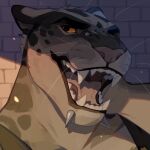 1:1 anthro black_clothing black_topwear brick_wall bust_portrait clothed clothing corzh77 facial_piercing fangs felid front_view fur grey_body grey_fur hi_res lip_piercing looking_at_viewer male mammal open_mouth orange_eyes pantherine piercing portrait snakebite_piercing solo teeth topwear wall_(structure) whiskers