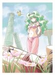  1boy 1girl armlet arms_behind_back bikini black_hair blue_sky border breasts capelet circlet cleavage commentary_request earrings flower flying grass green_eyes green_hair harem_pants highres jewelry lakshu long_hair looking_at_another lying medium_breasts mii_(shurato) mushroom navel neck_ring on_back on_grass outdoors pants parted_lips pillar pink_bikini pink_capelet pink_flower ruins scene_reference see-through_capelet see-through_clothes see-through_pants short_hair shoulder_pads shura-oh_shurato sidelocks sky standing swimsuit tail tenkuu_senki_shurato wavy_hair white_border wings yellow_fur yoshinaga_masahiro 
