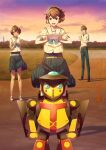  1boy 2girls absurdres adjusting_eyewear bare_legs belt black_hair blue_bow blue_skirt blue_stripes bob_cut bow breasts brown_eyes brown_hair brown_shoes chest_bow chuo_tanegashima_high_school_uniform clenched_hands clothes_lift cloud cloudy_sky confident cropped_shirt daitoku_junna dark-skinned_female dark_skin floating_clothes fukuda_tomonori full_body game_cg glasses grass grey_eyes hair_between_eyes hidaka_subaru high-waist_skirt high_ponytail highres holding holding_tablet_pc loafers looking_at_viewer multiple_girls official_art orange_sky orange_theme outdoors pink_shoes pleated_skirt ponytail ponytail_with_braided_base purple_sky robot robotics;notes sailor_collar school_uniform senomiya_akiho shirt shoes short_hair short_sleeves skirt skirt_lift sky small_breasts smile sneakers socks spread_legs sunset tablet_pc tanegashimachine-3 tree twilight v-shaped_eyebrows white_sailor_collar white_shirt white_socks worries 